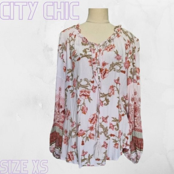City Chic Tops - City Chic Multicolour Boho Floral Baloon Sleeve Blouse Plus Size XS